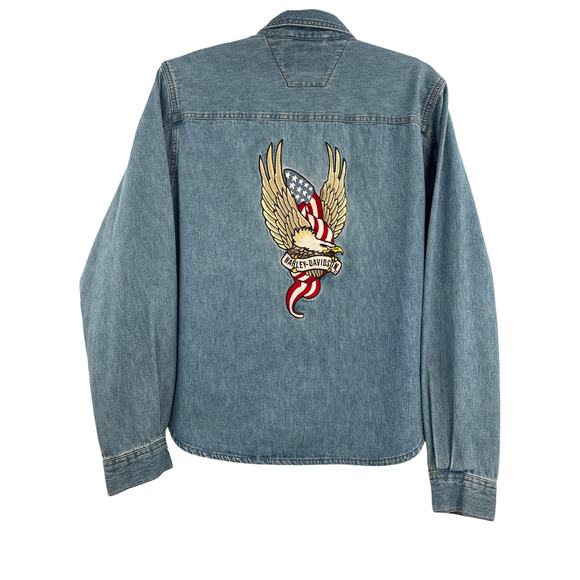 Vintage Harley Davidson size L Jean Denim Jacket shirt Eagle USAFlag Embroidered - Picture 1 of 10